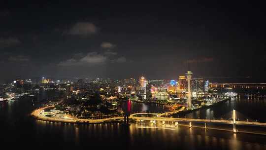 澳门西湾大桥澳门塔夜景航拍