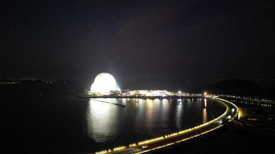 航拍广东珠海大剧院日月贝夜景