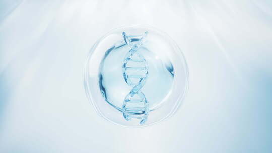 透明DNA与蓝色水珠生物护肤品3D渲染