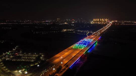 城市道路夜景航拍公路交通车流夜晚马路车辆