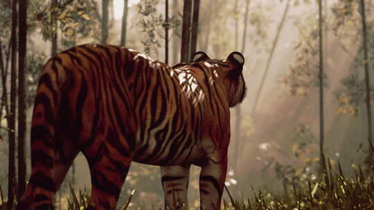 在茂密的竹林中，老虎仍然站着用它的感官来视频素材模板下载