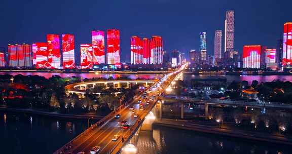 4k长沙湘江橘子洲夜景航拍