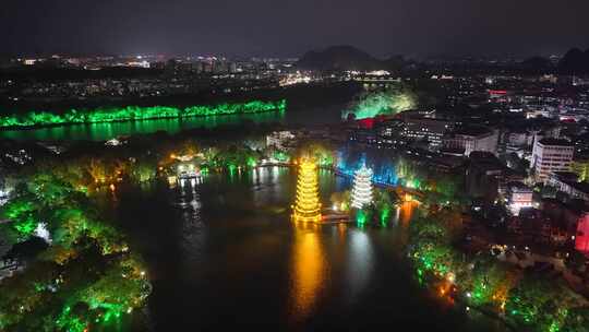 广西桂林日月塔夜景航拍