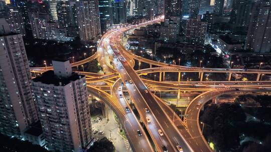 上海延安路立交车流夜景航拍视频素材模板下载