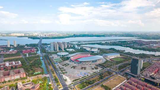 江西南昌艾溪湖奥体中心体育馆蓝天白云延时