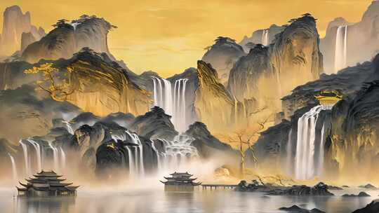 高山流水瀑布的中国风山水动画视频素材模板下载