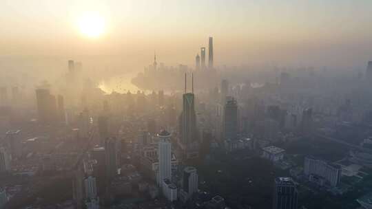 上海日出晨雾 陆家嘴日出 上海地标