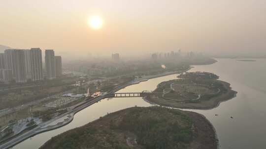 厦门马銮湾公园日落航拍湿地公园海沧区夕阳