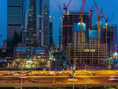 北京城市夜晚楼房建设道路交通延时