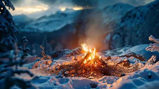 冬季野外篝火合集 雪地篝火燃烧的火种片头