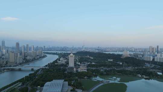 航拍武汉城市汉江与长江交汇处南岸嘴