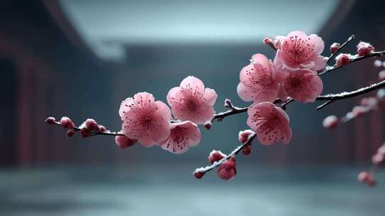 唐风建筑背景下的雪梅绽放