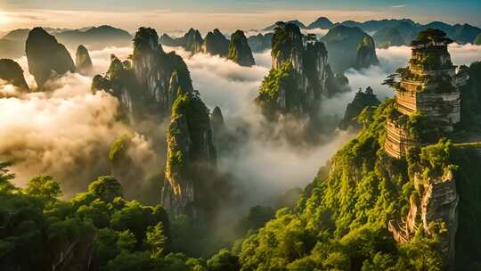 壮美云海中的奇特山峰景观