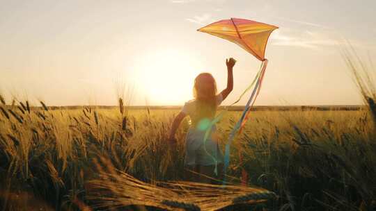 麦田女孩手拿风筝跑向远处，童年梦境