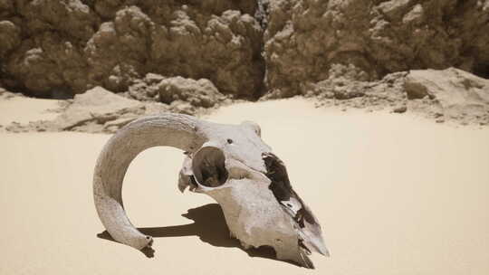 岩石旁沙滩上的动物头骨