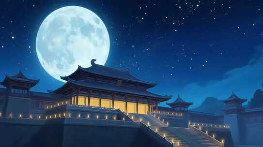 古风月夜下的中式建筑场景