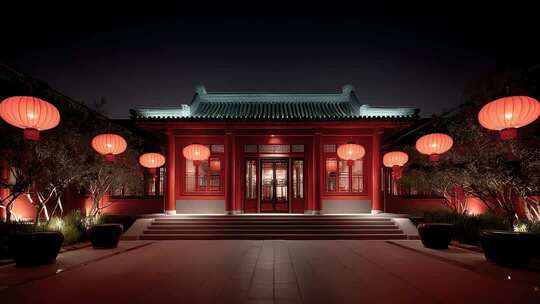 唐风建筑夜景红灯笼点缀下的古典意境