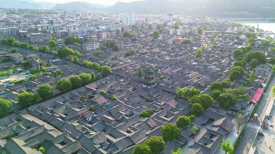 四川阆中古城高视角航拍古建筑街道日出曙光