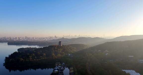 航拍杭州西湖雷峰塔秋日日出美景