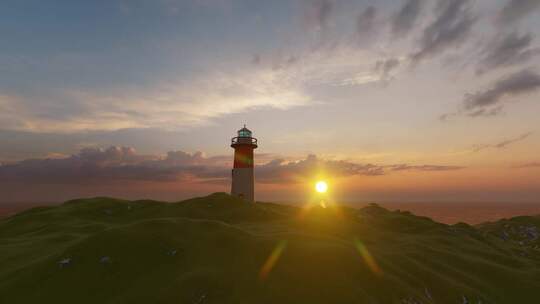 黄昏夕阳照耀下的海岸灯塔航拍视频素材模板下载