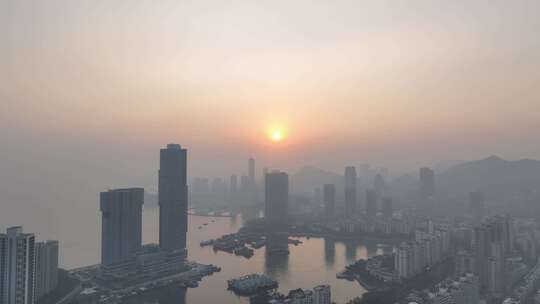 深圳湾日落黄昏航拍南山区