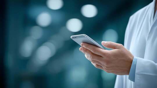 医生使用手机查看信息或进行远程医疗
