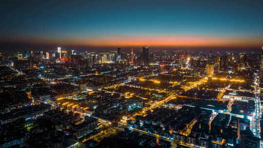 中国辽宁沈阳市区航拍彩电塔城市夜景