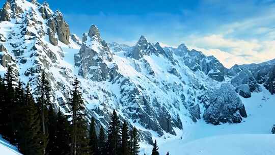 雪山松林风景壮丽的自然景观