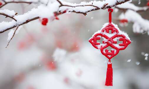 【4K高清】中国结特写雪景树枝中国风素材