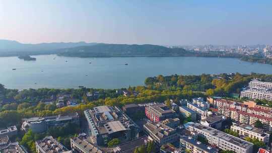 浙江杭州西湖景区环城西路城市风景航拍风光