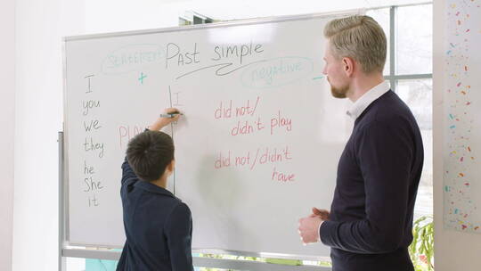 学生在白板上写英语单词