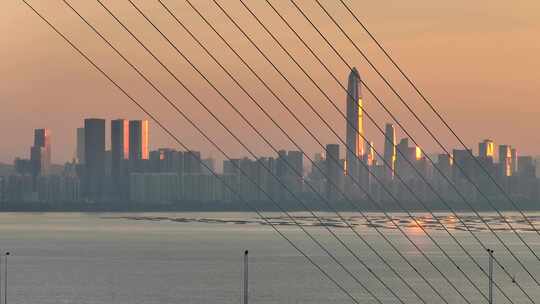 航拍深圳湾公路大桥与城市天际线