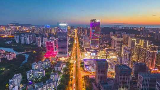 海南三亚三亚湾日落晚霞自贸港城市夜景延时