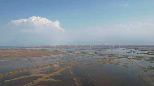 大海海边沙滩风力发电风车航拍