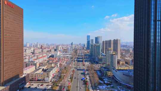 航拍山东烟台开发区城市现代建筑群城市风景