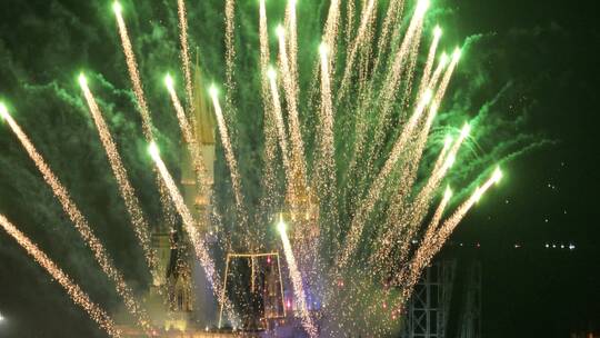 泉城欧乐堡梦幻欧洲西式城堡新年烟花航拍视频素材模板下载