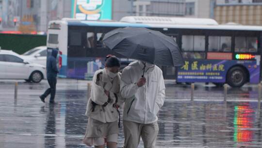 雨天行人撑伞过马路 寒冷降温相互取暖