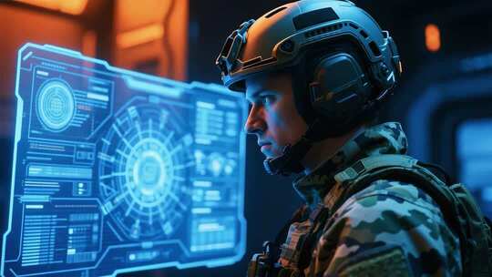 军人操作未来科技虚拟屏幕
