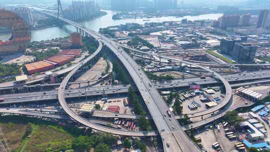 广州番禺区东沙立交桥大桥航拍车流城市交通视频素材模板下载