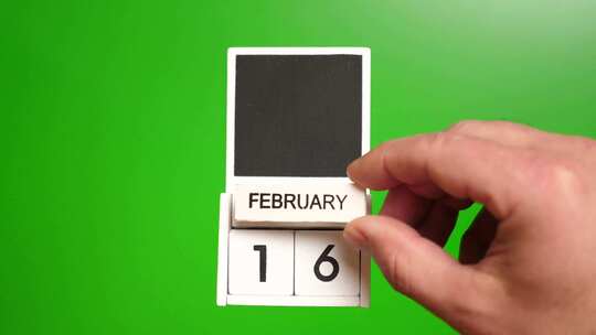 02.绿色背景上日期为2月16日的日历。视频素材模板下载