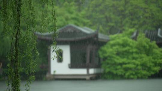 188 杭州 风景 古建筑 下雨天 亭子视频素材模板下载