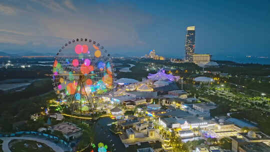 航拍三亚市海棠湾海昌梦幻海洋不夜城夜景