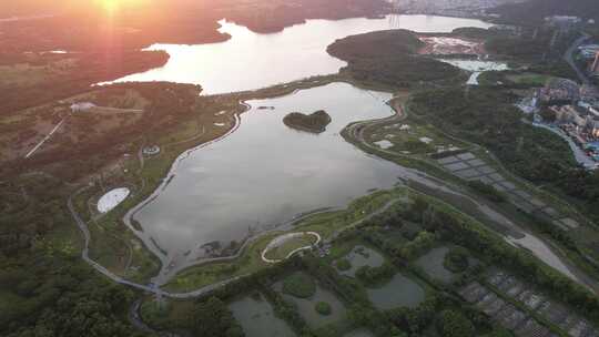 深圳市宝安石岩湖湿地公园日落航拍