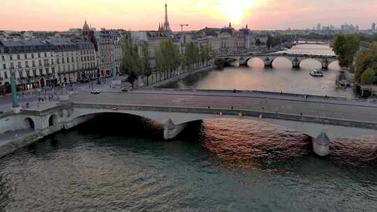 城市航拍法国巴黎塞纳河清晨日出城市天际线