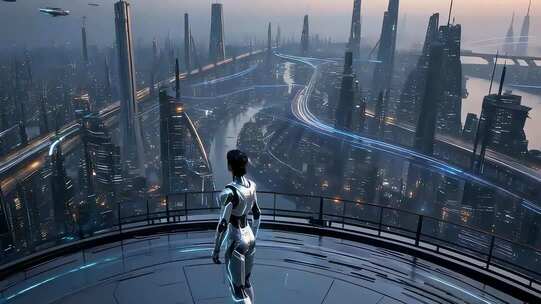 机器人眺望未来科幻城市