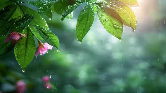 春雨，雨水雨滴落在绿色的树叶上