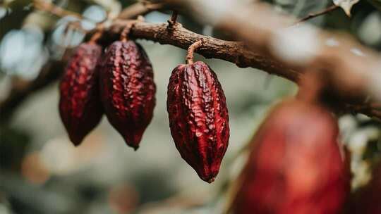 树枝上的可可果实特写
