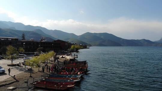 航拍泸沽湖畔旅游美景
