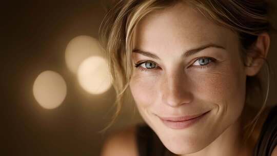 迷人女性微笑特写镜头在柔和光晕背景下