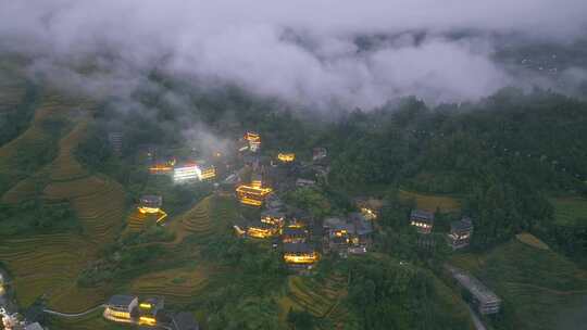 【4K超清】航拍广西龙脊梯田夜景空镜